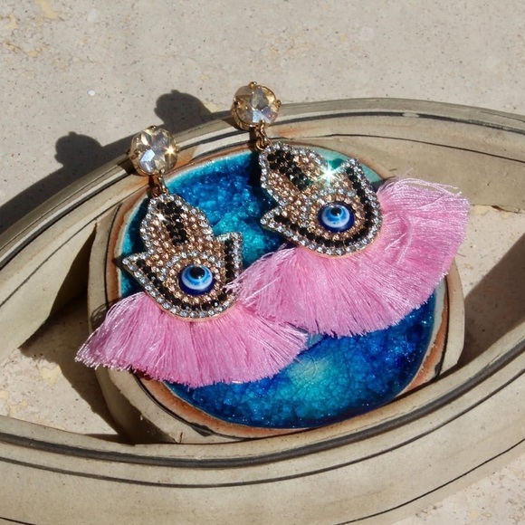 NEW! Boho Fringe Tassel Evil Eye Hamsa Hand Crystal Drop Earrings - Picture 1 of 9